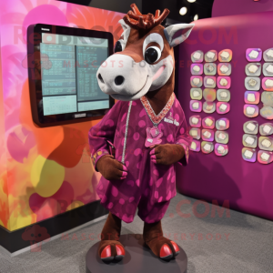 Magenta Okapi mascot costume character dressed with a Button-Up Shirt and Coin purses