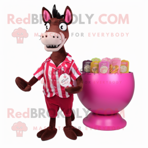Magenta Okapi mascot costume character dressed with a Button-Up Shirt and Coin purses