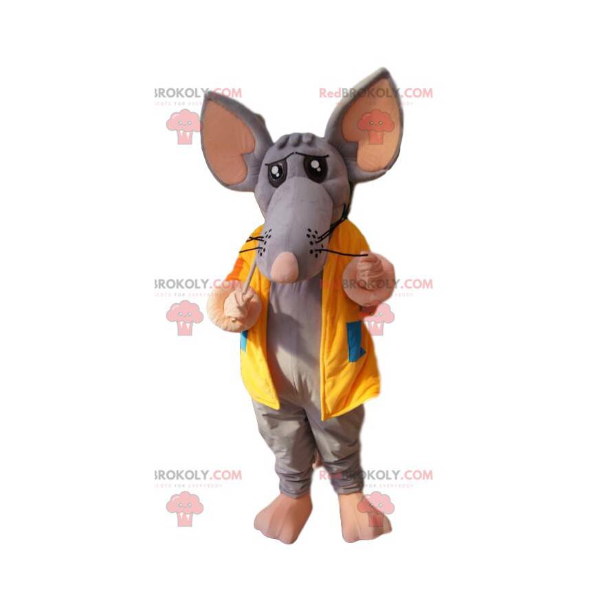 Grijze muis mascotte met een gele jas en een rugzak -