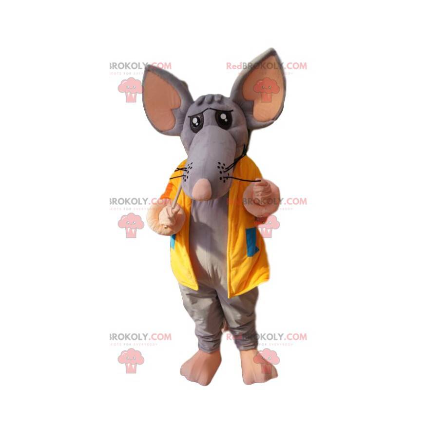 Mascotte topo grigio con una giacca gialla e uno zaino - Mascotte topo grigio con una giacca gialla e uno zaino -