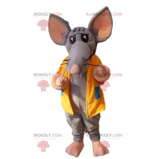 Gray mouse mascot with a yellow jacket and a backpack -