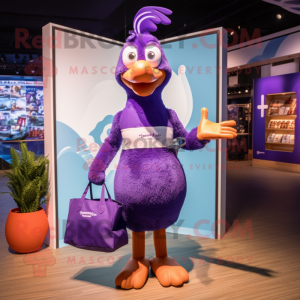 Purple Turkey mascot costume character dressed with a One-Piece Swimsuit and Tote bags
