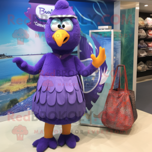 Purple Turkey mascot costume character dressed with a One-Piece Swimsuit and Tote bags