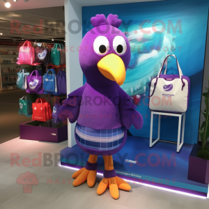 Purple Turkey mascot costume character dressed with a One-Piece Swimsuit and Tote bags