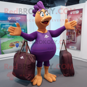 Purple Turkey mascot costume character dressed with a One-Piece Swimsuit and Tote bags