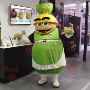 Olive Burgers mascot costume character dressed with a Empire Waist Dress and Digital watches