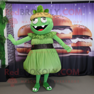 Olive Burgers mascot costume character dressed with a Empire Waist Dress and Digital watches