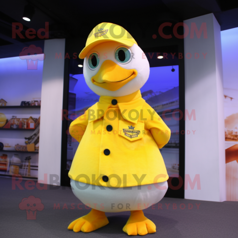 Lemon Yellow Seagull mascot costume character dressed with a Jeans and Berets Lemon Yellow Seagull mascot costume character dressed with a Jeans and Berets