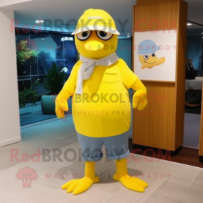 Lemon Yellow Seagull mascot costume character dressed with a Jeans and Berets