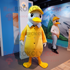 Lemon Yellow Seagull mascot costume character dressed with a Jeans and Berets