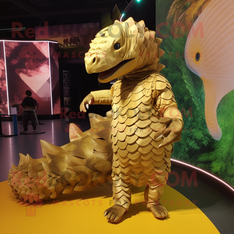 Gold Pangolin mascot costume character dressed with a Bodysuit and Shoe laces