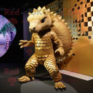 Gold Pangolin mascot costume character dressed with a Bodysuit and Shoe laces