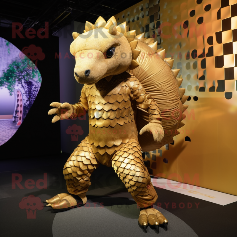 Gold Pangolin mascot costume character dressed with a Bodysuit and Shoe laces