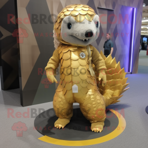 Gold Pangolin mascot costume character dressed with a Bodysuit and Shoe laces