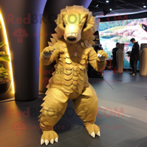 Gold Pangolin mascot costume character dressed with a Bodysuit and Shoe laces