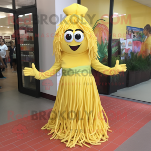 Lemon Yellow Spaghetti mascot costume character dressed with a Wrap Skirt and Cummerbunds