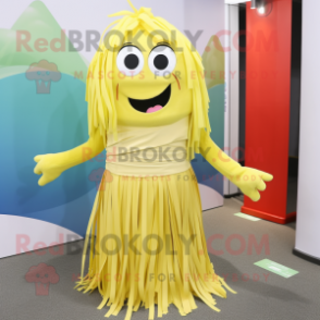 Lemon Yellow Spaghetti mascot costume character dressed with a Wrap Skirt and Cummerbunds