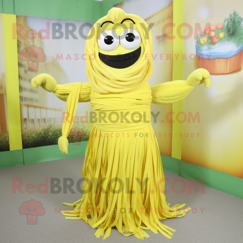 Lemon Yellow Spaghetti mascot costume character dressed with a Wrap Skirt and Cummerbunds