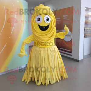 Lemon Yellow Spaghetti mascot costume character dressed with a Wrap Skirt and Cummerbunds