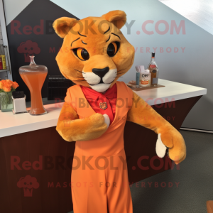 Orange Puma mascot costume character dressed with a Cocktail Dress and Lapel pins