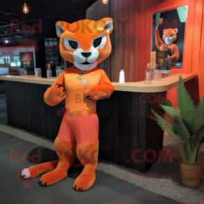 Orange Puma mascot costume character dressed with a Cocktail Dress and Lapel pins