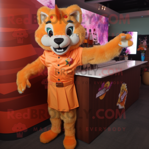 Orange Puma mascot costume character dressed with a Cocktail Dress and Lapel pins