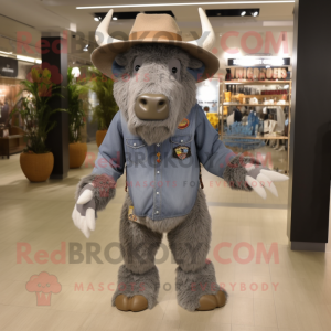 Gray Bison mascot costume character dressed with a Flare Jeans and Hats