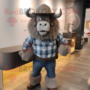 Gray Bison mascot costume character dressed with a Flare Jeans and Hats
