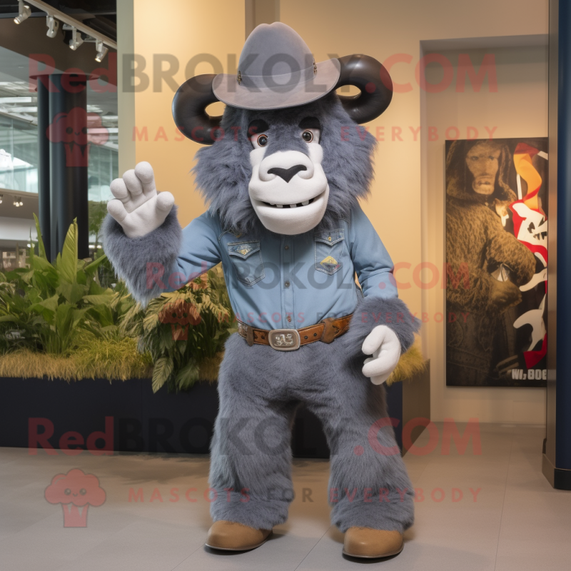 Gray Bison mascot costume character dressed with a Flare Jeans and Hats