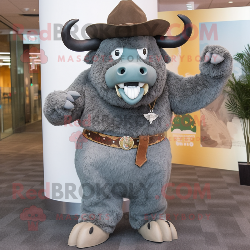 Gray Bison mascot costume character dressed with a Flare Jeans and Hats