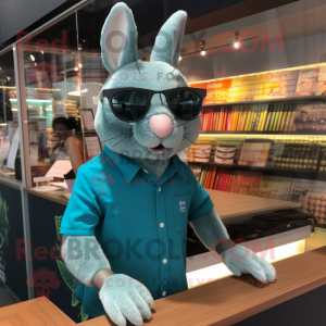 Teal Wild Rabbit mascot costume character dressed with a Oxford Shirt and Sunglasses