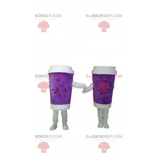 Dupla de mascote de caneca de café roxa para viagem -