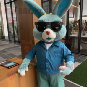 Teal Wild Rabbit mascot costume character dressed with a Oxford Shirt and Sunglasses