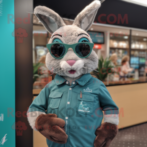 Teal Wild Rabbit mascot costume character dressed with a Oxford Shirt and Sunglasses