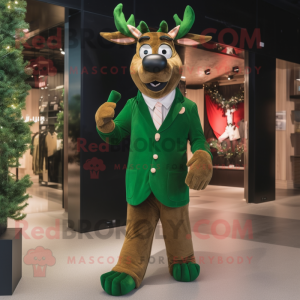 Forest Green Reindeer mascot costume character dressed with a Suit Jacket and Earrings