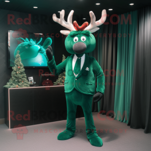Forest Green Reindeer mascot costume character dressed with a Suit Jacket and Earrings