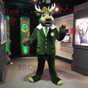 Forest Green Reindeer mascot costume character dressed with a Suit Jacket and Earrings