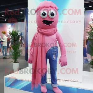 Pink Cyclops mascot costume character dressed with a Boyfriend Jeans and Scarf clips