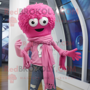 Pink Cyclops mascot costume character dressed with a Boyfriend Jeans and Scarf clips