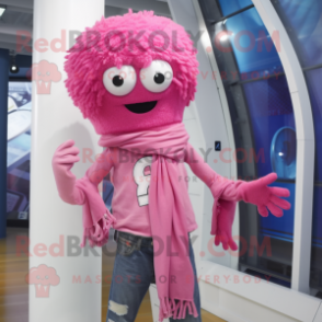 Pink Cyclops mascot costume character dressed with a Boyfriend Jeans and Scarf clips