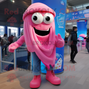 Pink Cyclops mascot costume character dressed with a Boyfriend Jeans and Scarf clips