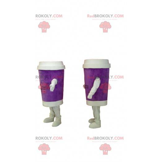 Dupla de mascote de caneca de café roxa para viagem -