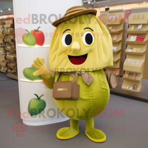 Olive Mango mascot costume character dressed with a Pencil Skirt and Wallets