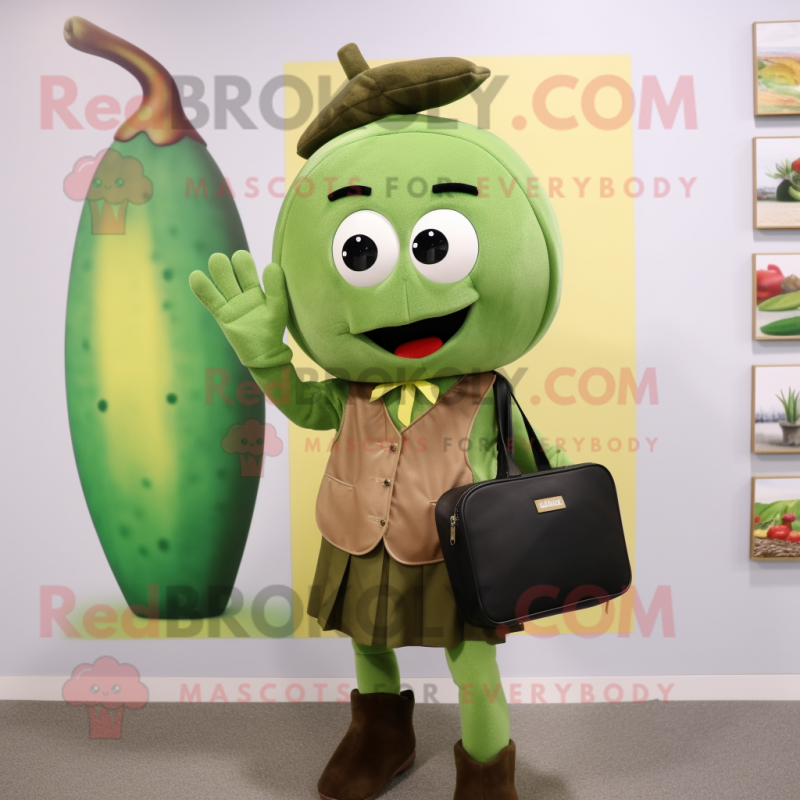 Olive Mango mascot costume character dressed with a Pencil Skirt and Wallets Olive Mango mascot costume character dressed with a Pencil Skirt and Wallets