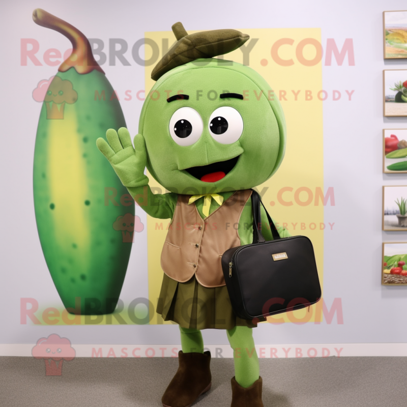 Olive Mango mascot costume character dressed with a Pencil Skirt and Wallets