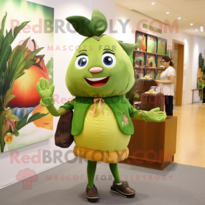 Olive Mango mascot costume character dressed with a Pencil Skirt and Wallets