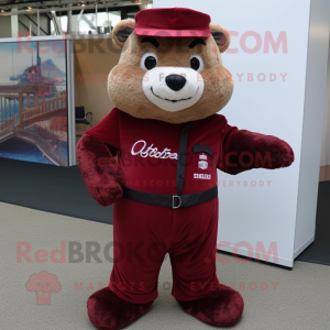 Maroon Otter mascot costume character dressed with a Overalls and Necklaces