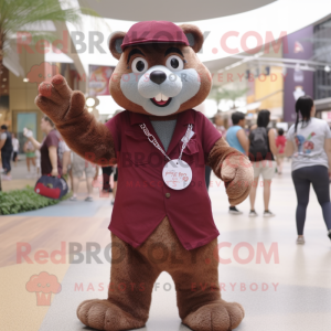 Maroon Otter mascot costume character dressed with a Overalls and Necklaces