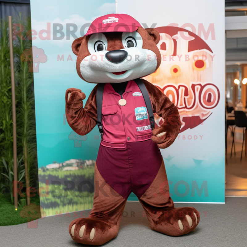 Maroon Otter mascot costume character dressed with a Overalls and Necklaces