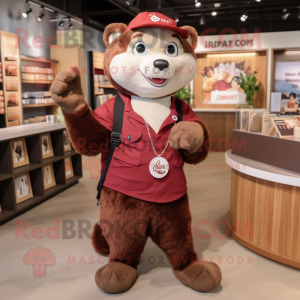 Maroon Otter mascot costume character dressed with a Overalls and Necklaces